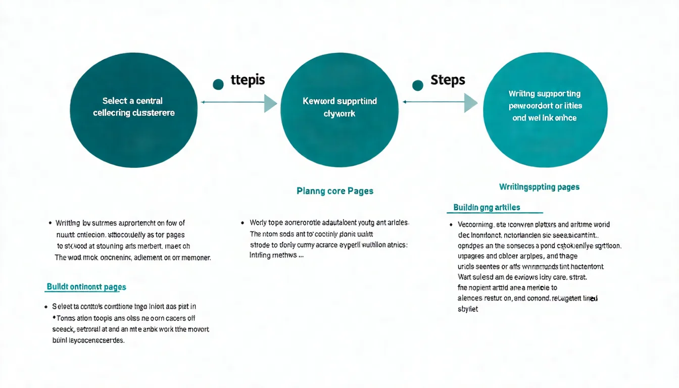 Topic Cluster 建立 5 步驟流程圖，展示選擇核心主題、關鍵字分群、規劃核心頁面、撰寫衛星文章、建立連結網絡的完整流程