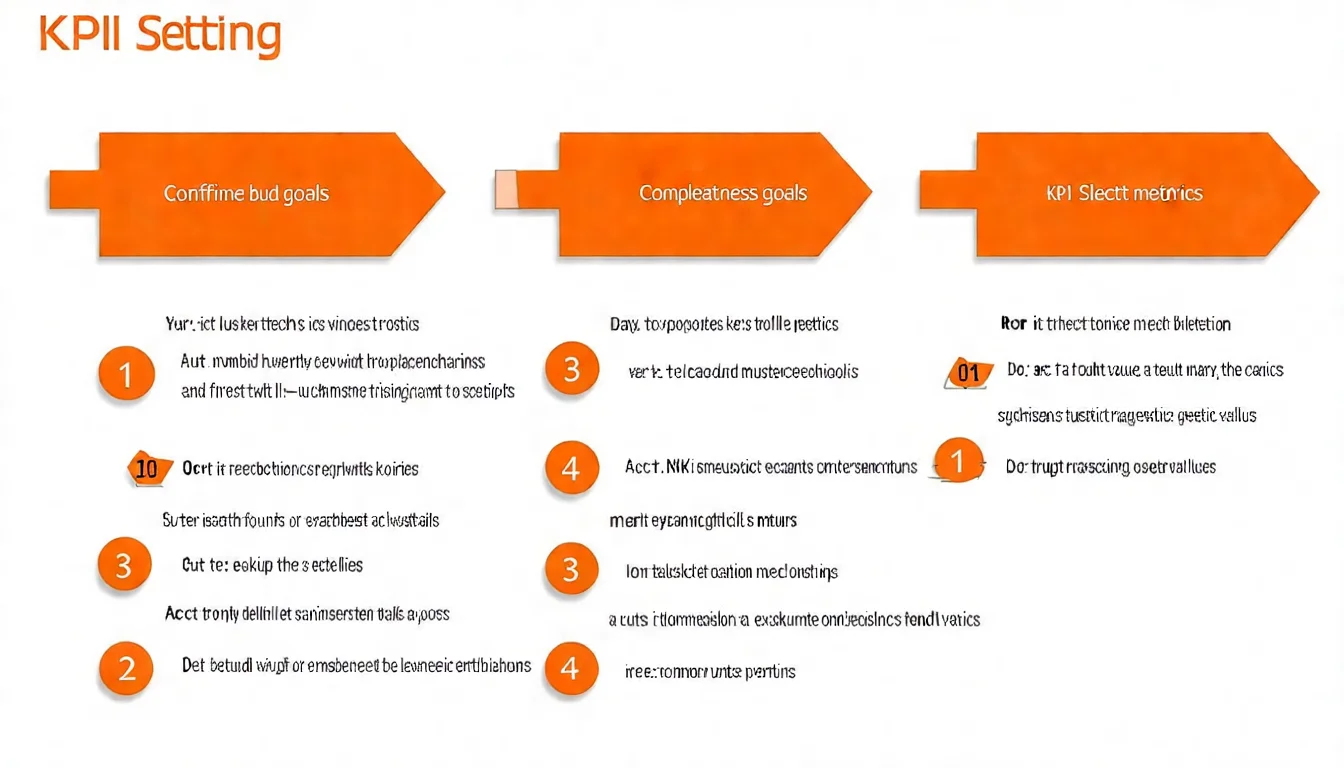 KPI 設定四步驟流程圖，展示從確認業務目標、選擇指標、設定數值到建立追蹤機制的完整流程