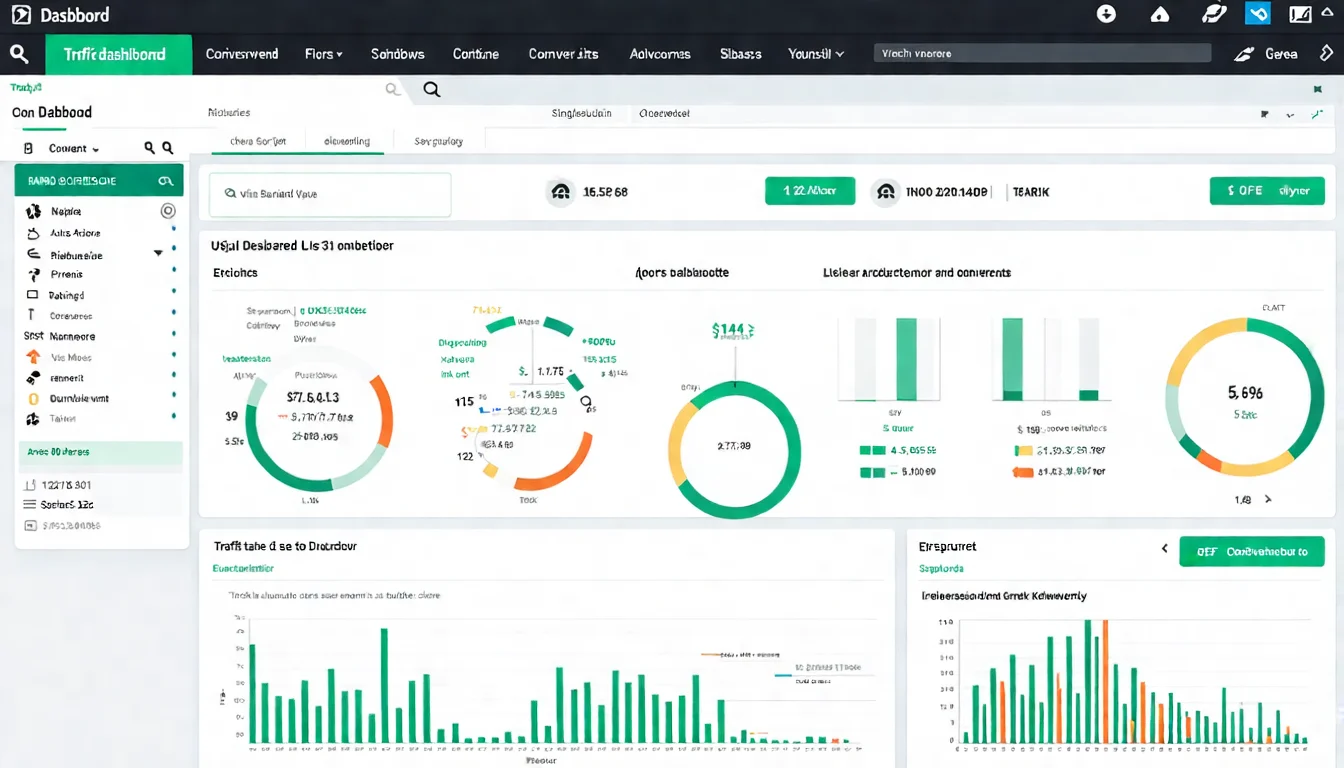 KPI Dashboard 範例截圖，展示流量、排名、轉換等核心指標的圖表和達成狀態