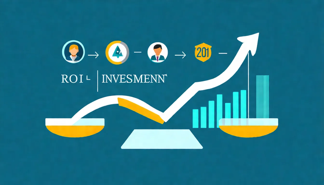 ROI 概念視覺化圖，展示投入與報酬的天平關係，搭配成長曲線和數字增長圖示