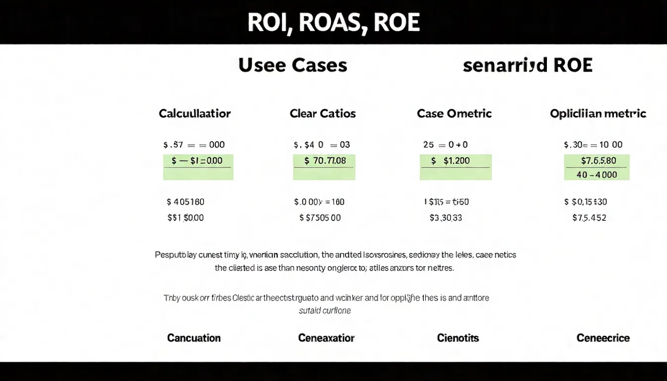 ROI、ROAS、ROE 三大指標比較圖，展示計算公式、用途和適用場景的差異對照