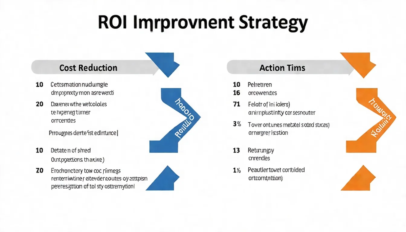 提升 ROI 策略圖，展示降低成本和提升收益的雙向策略，搭配具體方法和行動項目