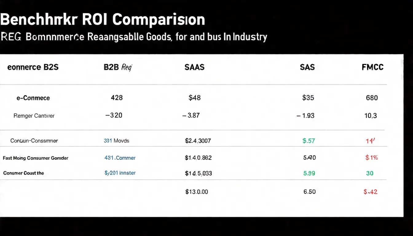 不同產業 ROI 標準對照圖，展示電商、B2B、SaaS、快消品等產業的合理 ROI 範圍
