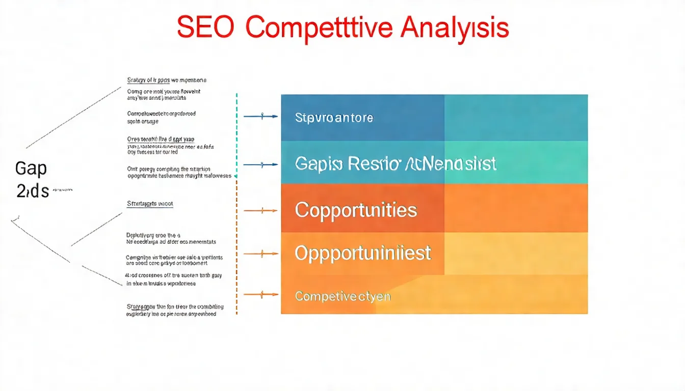 SEO 競爭分析概念圖，展示自己與競爭對手的差距比較、機會發現和策略制定的視覺化流程