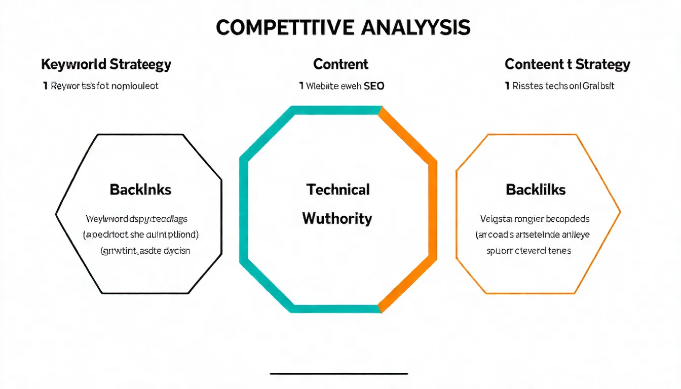 SEO 競爭對手分析五大維度圖，展示關鍵字策略、內容策略、反向連結、技術 SEO、網站權威度的五角形分析框架