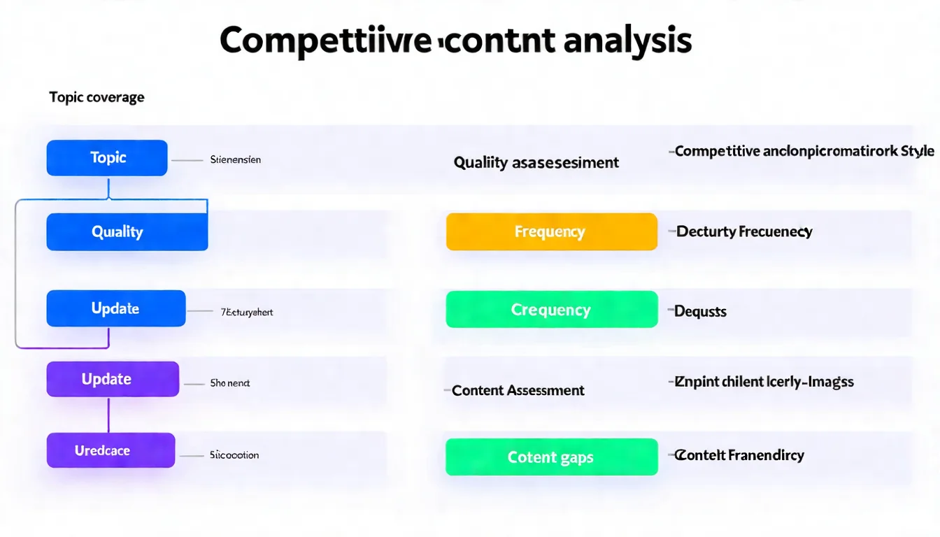 競爭對手內容分析維度圖，展示主題覆蓋、品質評估、更新頻率、內容缺口四個分析面向