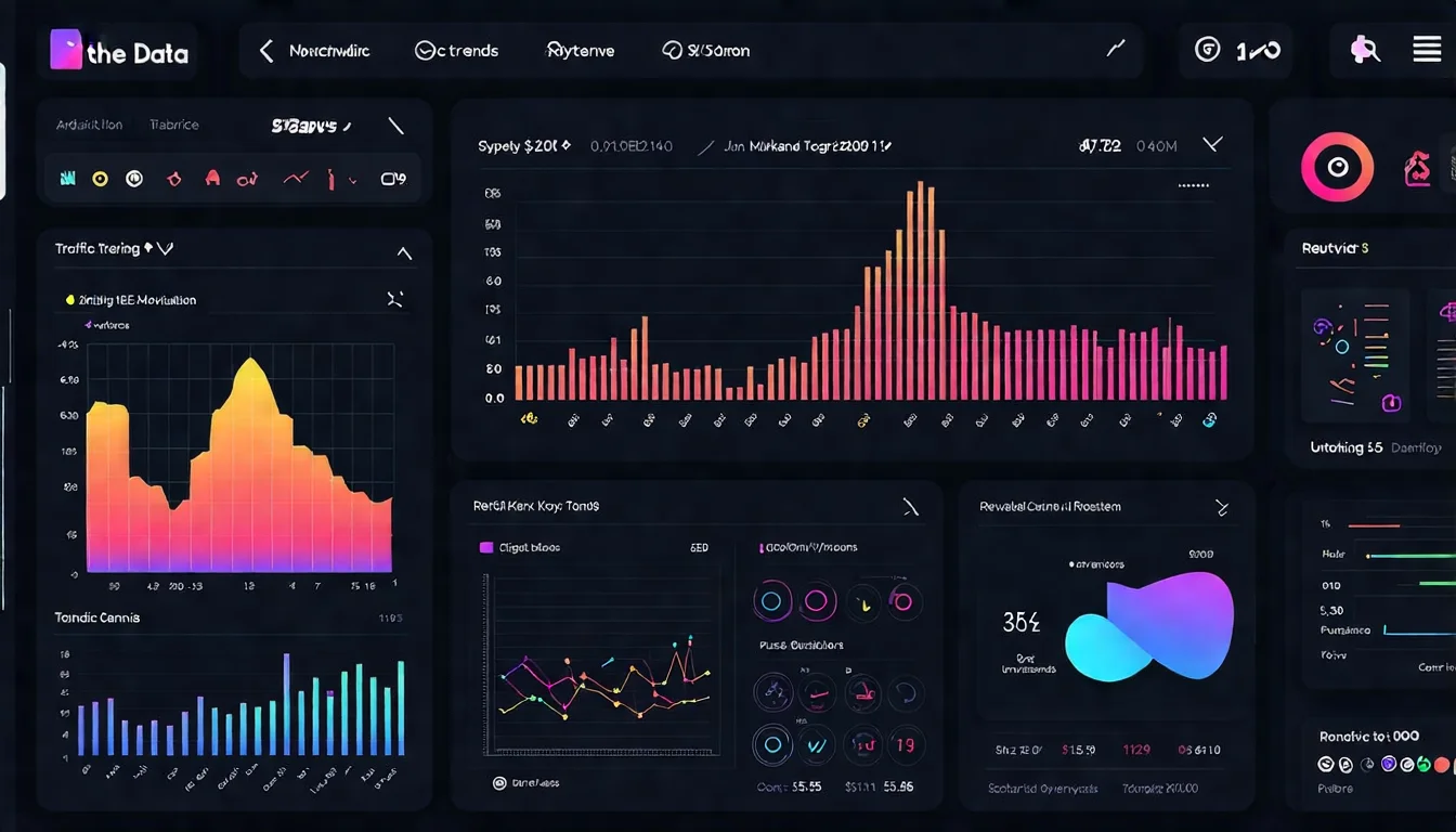 SEO 數據分析儀表板概念圖，展示流量趨勢、排名變化、轉換率等核心指標的即時監控畫面