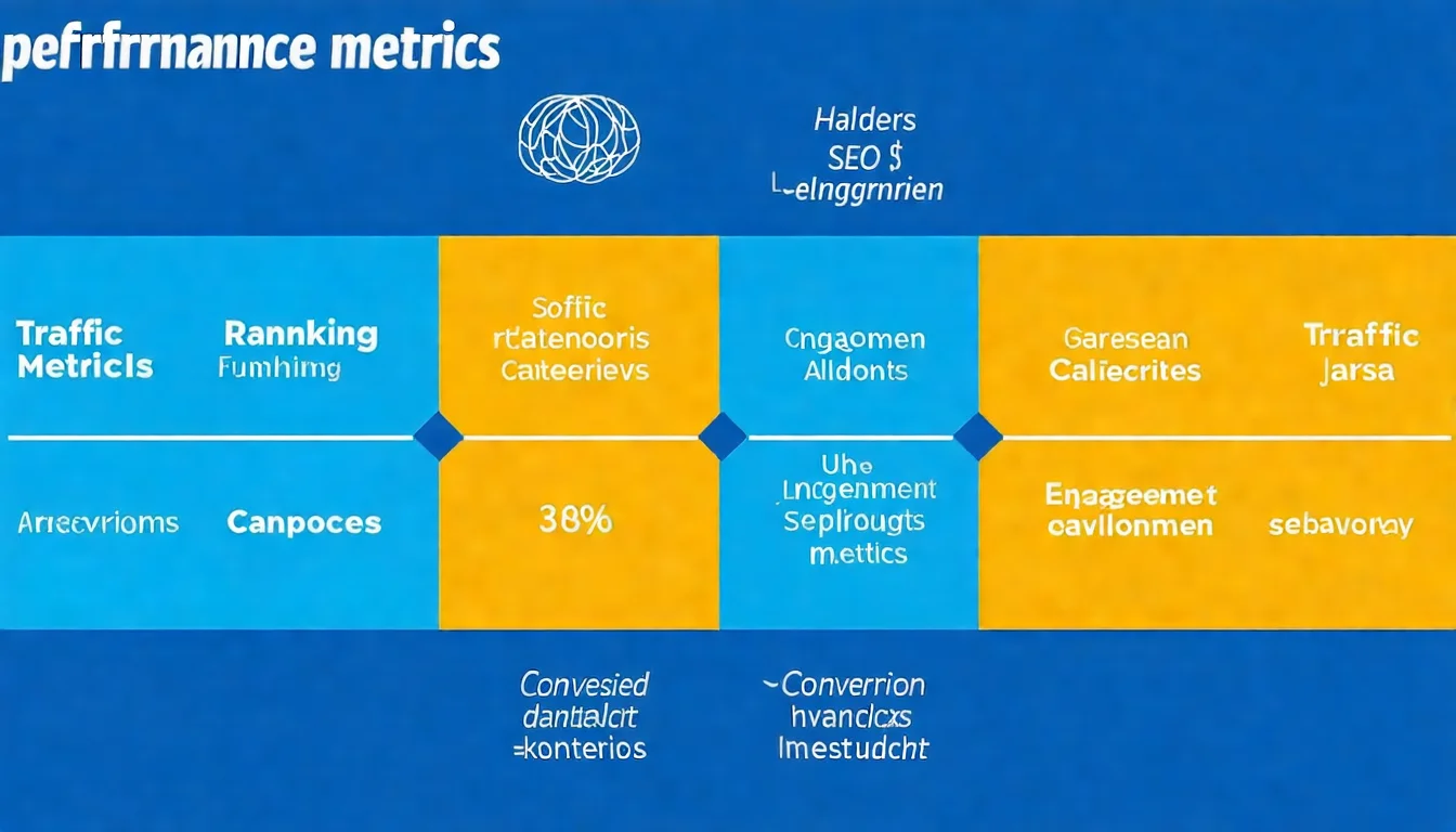 SEO 成效衡量四大類指標圖解，展示流量指標、排名指標、互動指標、轉換指標四個象限的關係