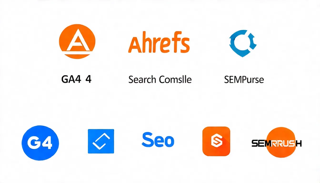 SEO 數據分析工具圖標集合，展示 GA4、Google Search Console、Ahrefs、SEMrush 等主流工具的 logo