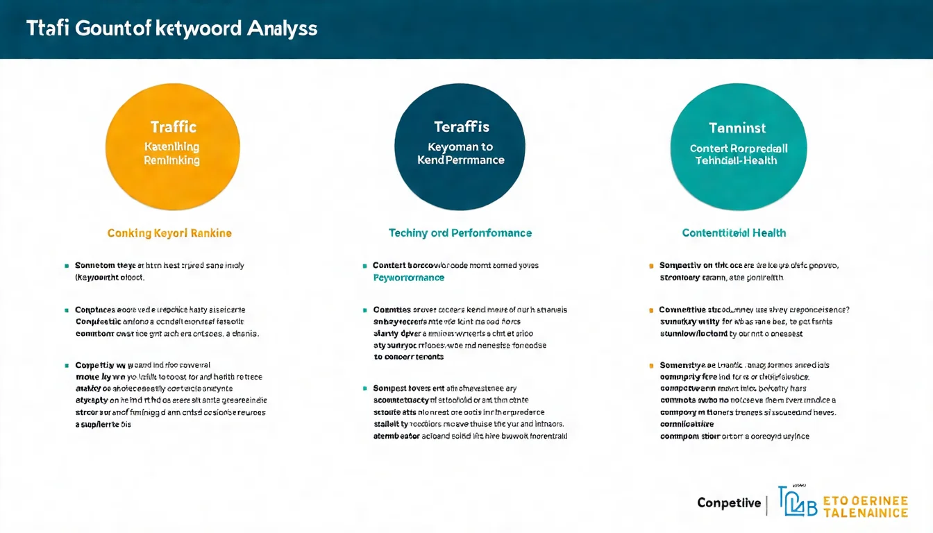 SEO 報告必備元素清單，展示流量分析、關鍵字排名、技術健康度、內容績效、競爭比較五大區塊