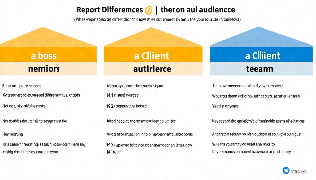 不同對象報告差異圖，展示給老闆、客戶、團隊三種角色的報告重點和呈現方式差異