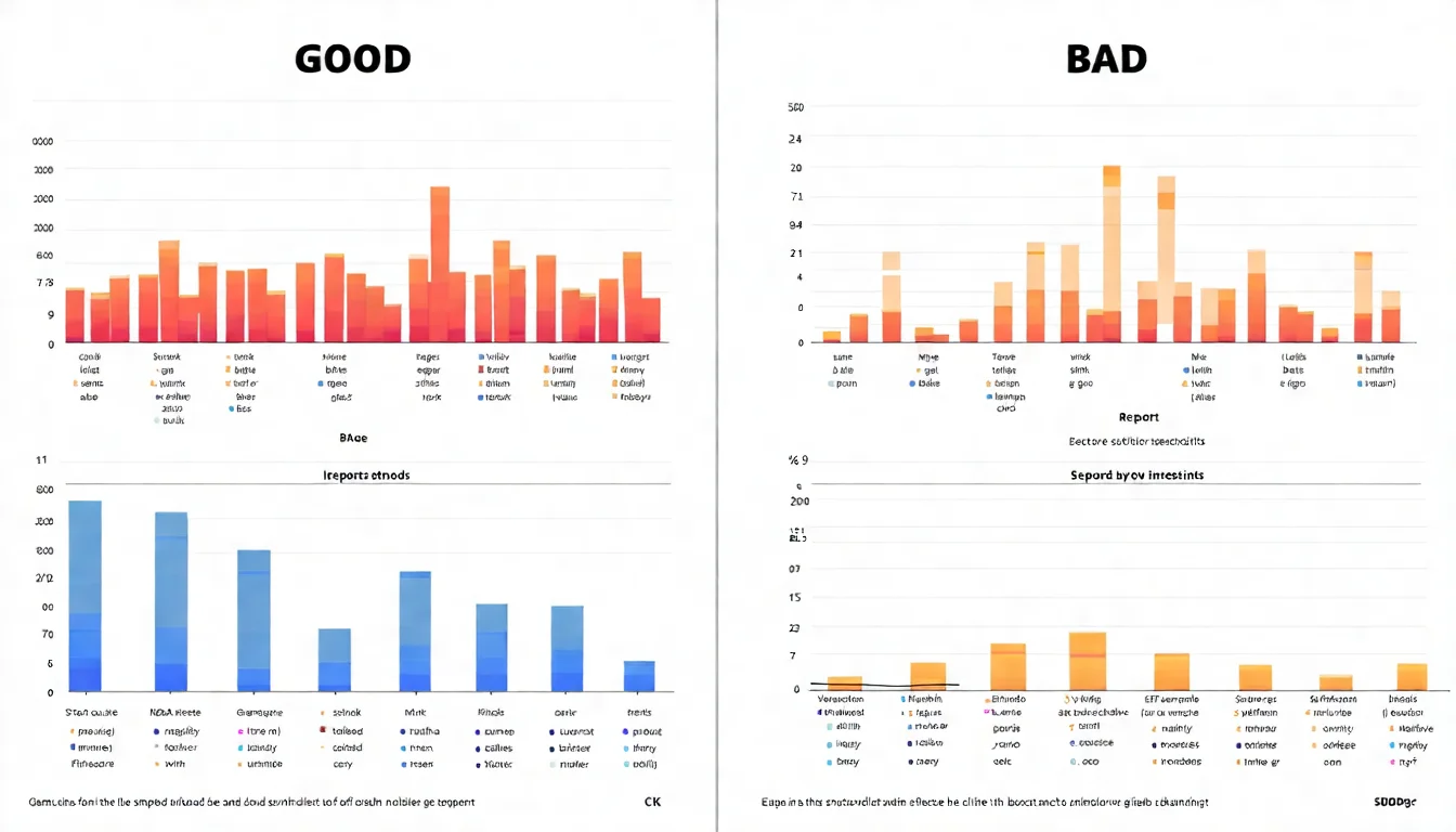 報告視覺化技巧對照圖，展示好的圖表 vs 不好的圖表的對比，說明視覺化原則