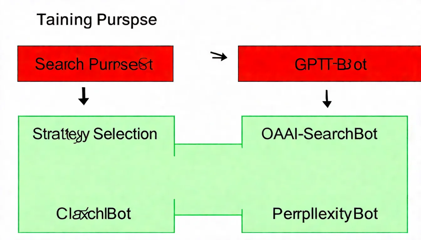 一個分類圖表，將 AI 爬蟲分為兩大類。左邊是「訓練用途」類別（紅色邊框），包含 GPTBot、ClaudeBot。右邊是「搜尋用途」類別（綠色邊框），包含 OAI-SearchBot、Claude-SearchBot、PerplexityBot。中間有箭頭指向一個「策略選擇」的決策點。