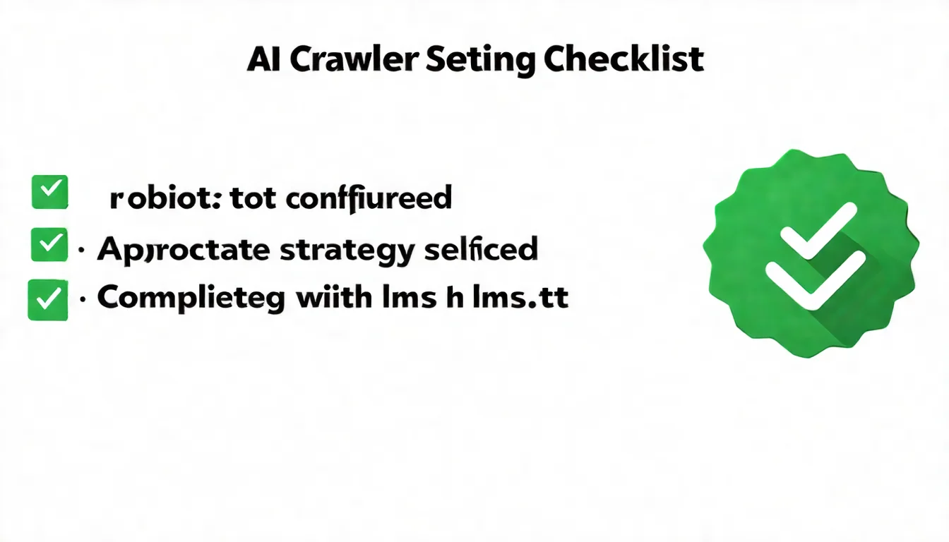 一個檢查清單風格的圖片，標題是「AI 爬蟲設定檢查清單」。列出四個項目並打勾：1. robots.txt 設定完成 2. 選擇適當策略 3. 驗證設定生效 4. 搭配 llms.txt。旁邊有一個完成徽章圖示。