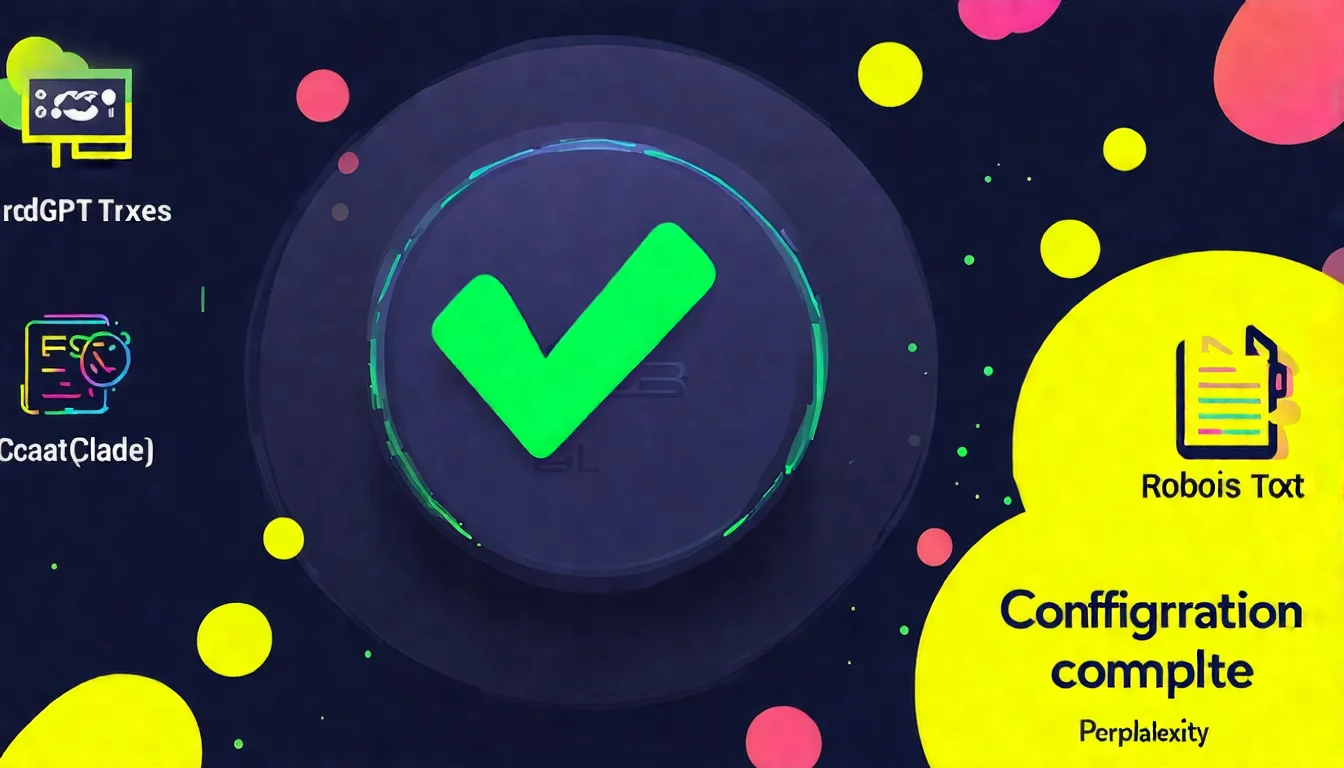 一個完成設定的成就畫面。中央是一個 robots.txt 檔案圖示，上方有一個綠色勾勾。周圍有多個 AI 工具圖示（ChatGPT、Claude、Perplexity）正在順利訪問網站。背景有慶祝的視覺效果。