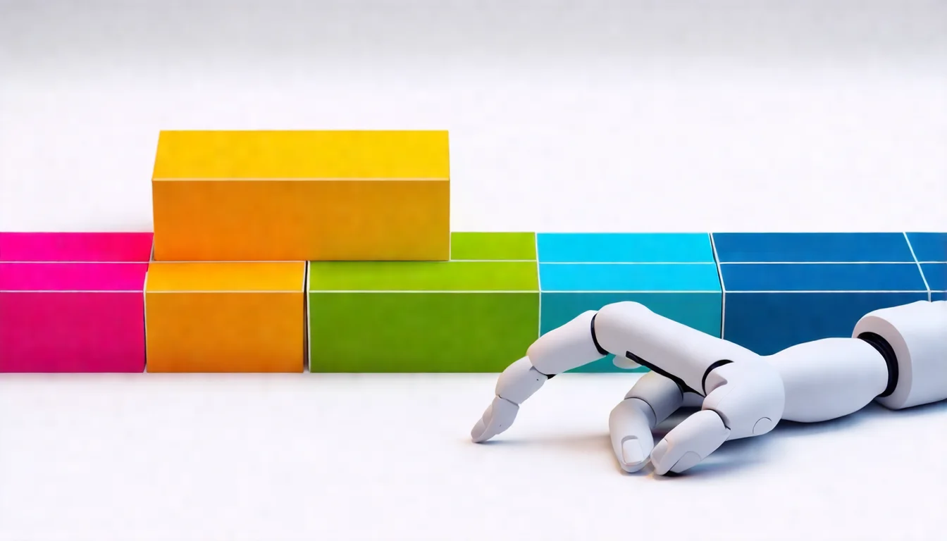 一篇長文章被切分成多個彩色區塊的示意圖。每個區塊大小適中，上方有清晰的標題。一個 AI 機器人正在從這些區塊中挑選出一個特定區塊，表示「AI 精準找到需要的內容」。背景使用漸層色彩，呈現有組織的感覺。