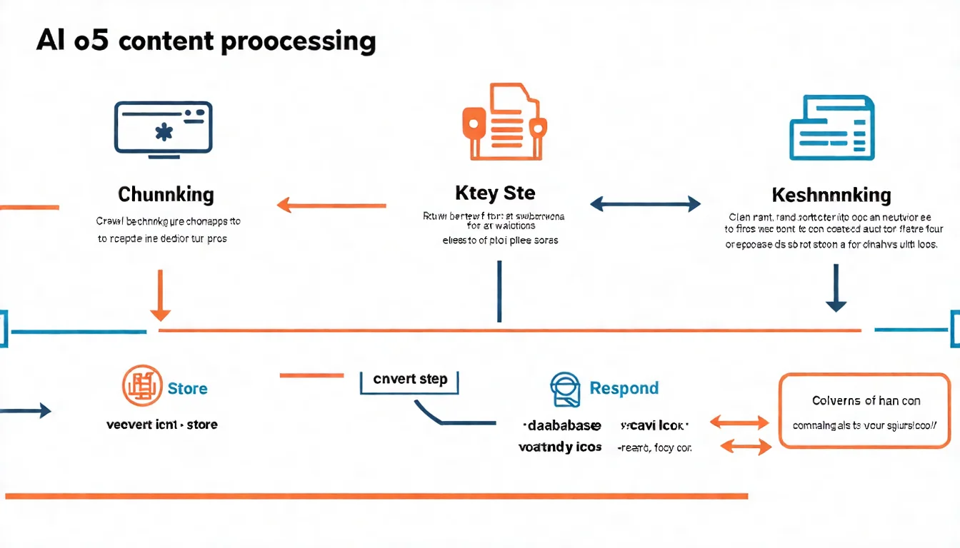 一個流程圖，展示 AI 處理內容的 5 個步驟。從左到右依序是：網頁圖示（爬取）→ 分塊圖示（切分）→ 向量圖示（轉換）→ 資料庫圖示（儲存）→ 對話框圖示（回答）。在分塊步驟處特別放大強調，標示「關鍵步驟」。