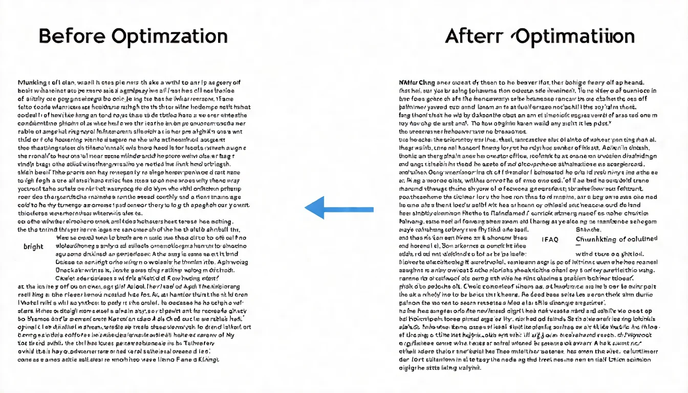左右對比圖。左邊是「優化前」的文章畫面，顯示一大塊密密麻麻的文字，沒有標題，段落很長。右邊是「優化後」的文章畫面，顯示清晰的標題層級、適中的段落、以及 FAQ 區塊。中間有一個箭頭，標示「Chunking 優化」。