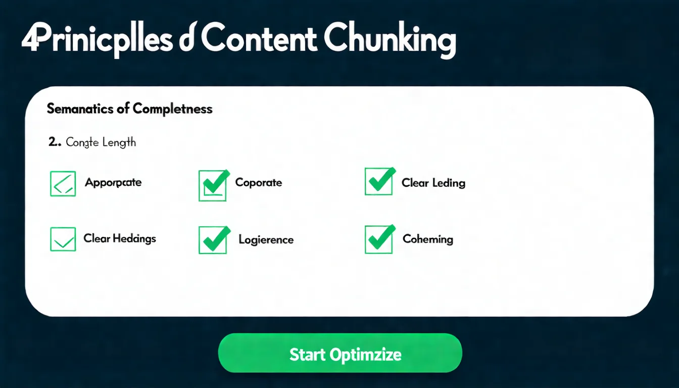 一個總結檢查清單，標題是「內容分塊 4 大原則」。列出四個項目並打勾：1. 語意完整性 2. 適當的長度 3. 清晰的標題 4. 邏輯連貫性。下方有一個「開始優化」的按鈕圖示。