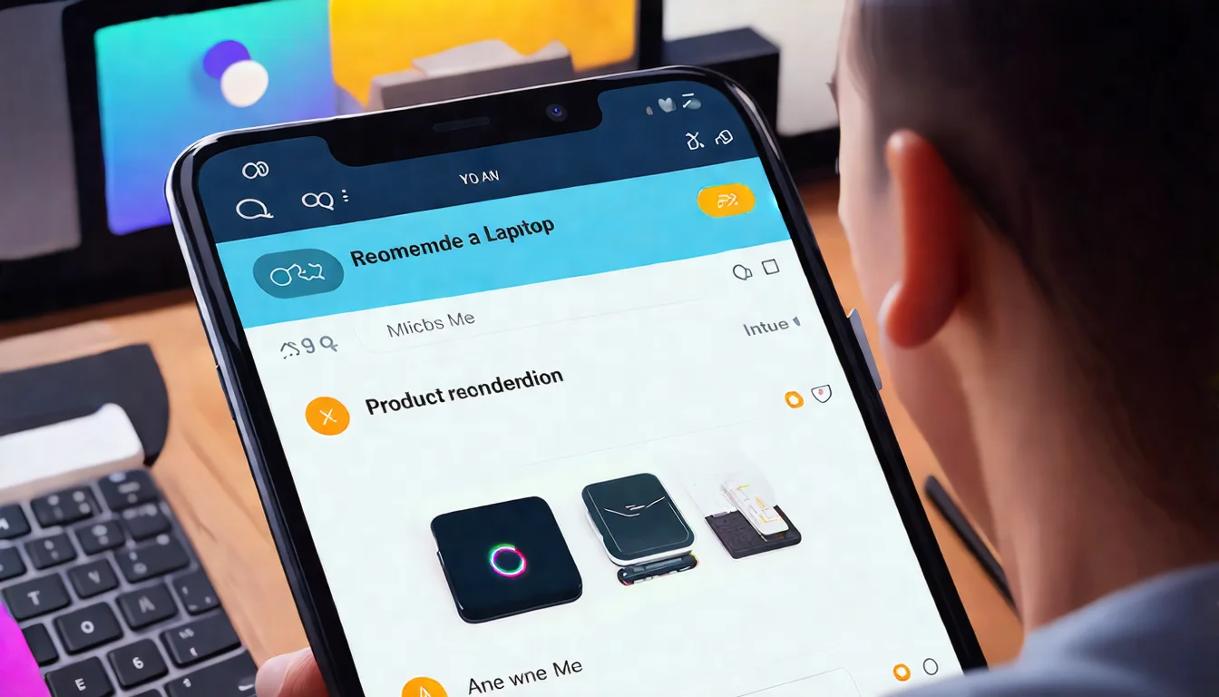一個消費者正在使用手機與 AI 聊天機器人對話，對話框顯示「推薦給我一台筆電」。AI 回覆中顯示了三個產品推薦卡片，其中一個產品卡片被特別標示發光，代表「被 AI 推薦的產品」。背景是簡化的電商購物介面。