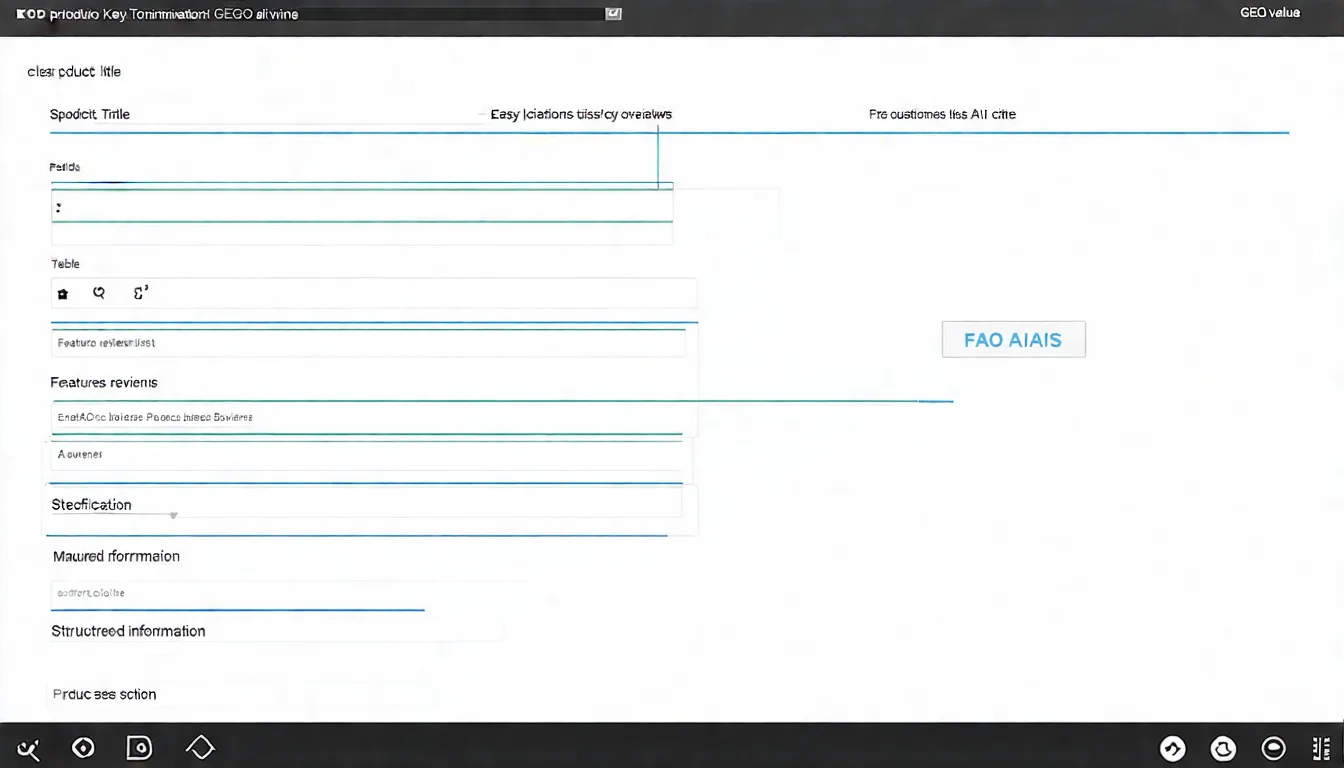 一個產品頁面的示意圖，標示出 GEO 優化的關鍵元素。包括：清晰的產品標題、規格表格、特色列表、FAQ 區塊、客戶評價區塊。每個元素旁邊有小標籤說明其 GEO 價值，如「AI 容易引用」「結構化資訊」等。