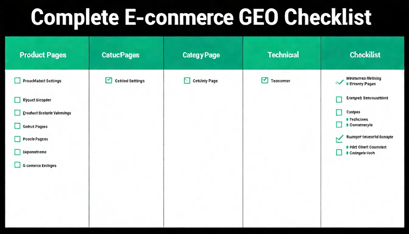 一個檢查清單風格的圖片，分成三個區塊：「產品頁面」「分類頁面」「技術設定」。每個區塊下方列出 4-5 個檢查項目，旁邊有打勾符號。整體傳達「電商 GEO 完整檢查」的概念。