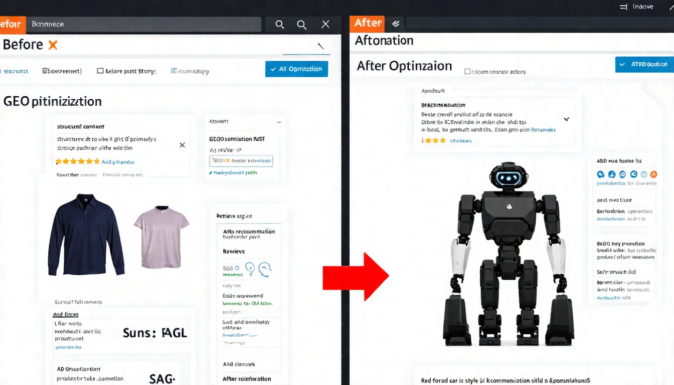 一個電商成功故事的示意圖。左邊是「優化前」的產品頁（簡陋、資訊少）。右邊是「優化後」的產品頁（結構化、有 FAQ、有評價）。中間有一個大箭頭，上方標示「GEO 優化」。最右邊有一個 AI 機器人正在將這個產品加入推薦清單。
