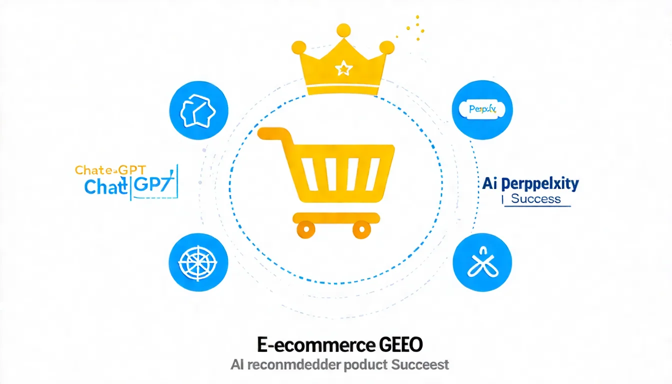一個總結畫面，中央是一個購物車圖示，周圍環繞著 AI 相關的圖示（ChatGPT、Perplexity 等）。購物車上方有一個皇冠或星星符號，代表「被 AI 推薦的產品」。整體傳達「電商 GEO 成功」的成就感。