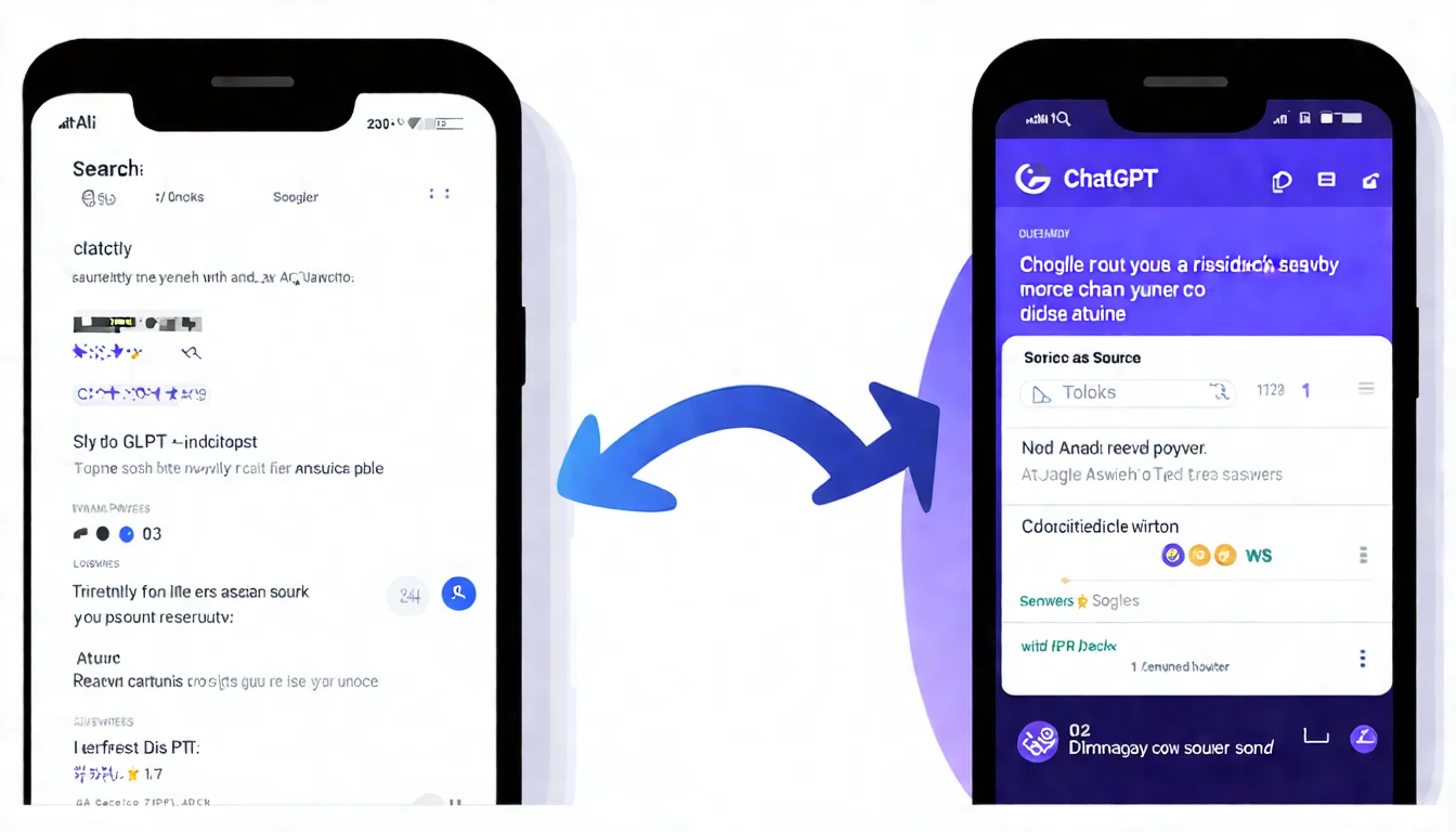 AI 搜尋時代概念圖，左側是傳統 Google 搜尋結果列表，右側是 ChatGPT 對話介面直接給出答案並標示來源引用，中間以漸變箭頭連接表示時代轉變，配色使用科技藍與深紫色