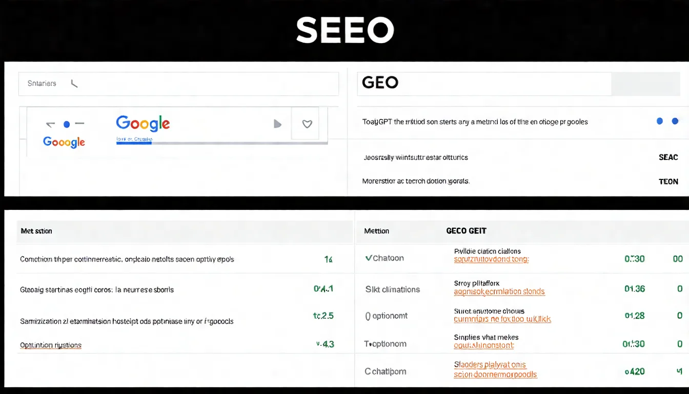 SEO vs GEO 對比圖，分為左右兩欄：左欄標示 SEO，顯示 Google 搜尋結果頁面的簡化示意圖；右欄標示 GEO，顯示 ChatGPT 對話視窗，下方列出引用來源連結。兩欄底部以表格形式列出目標平台、優化目標、核心指標的差異