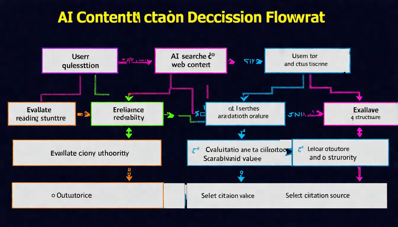 AI 內容引用決策流程圖，從頂部「使用者提問」開始，向下流經「AI 搜尋網路內容」、「評估相關性」、「評估可讀性與結構」、「評估權威性」、「評估引用價值」，最後到達「選擇引用來源」，每個步驟旁標示關鍵評估項目