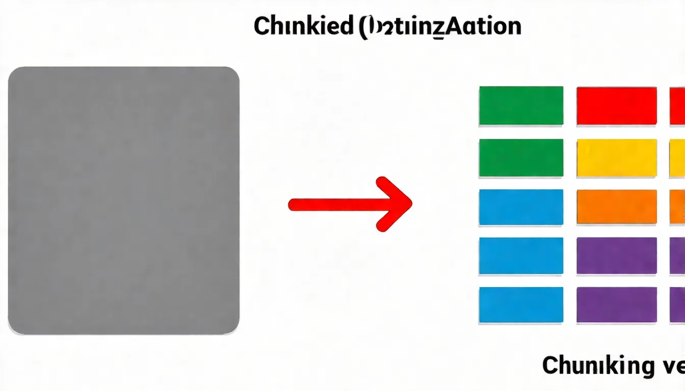 內容分塊（Chunking）概念圖，左側顯示一篇未分塊的長文（用灰色大區塊表示），右側顯示分塊後的版本（多個不同顏色的小區塊，每個區塊有明確標題），中間以箭頭連接，箭頭上標示「Chunking 優化」