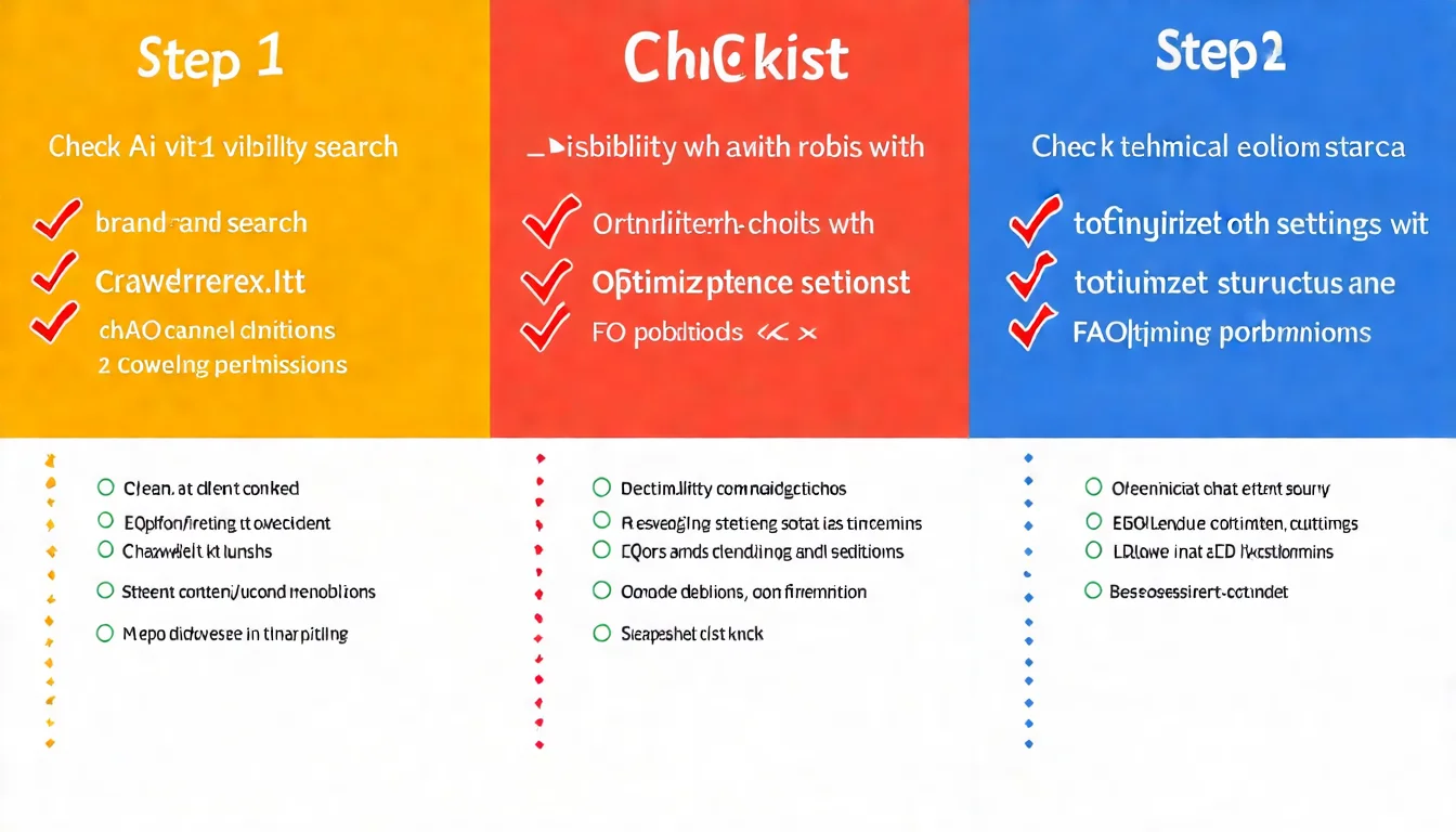 GEO 優化實作檢查清單視覺化圖表，分為三個步驟區塊：Step 1 檢查 AI 可見度（包含品牌搜尋、robots.txt 檢查等項目打勾列表）、Step 2 設定技術標記（llms.txt、爬蟲權限）、Step 3 優化內容結構（標題、FAQ、段落等），每個步驟以不同顏色區分