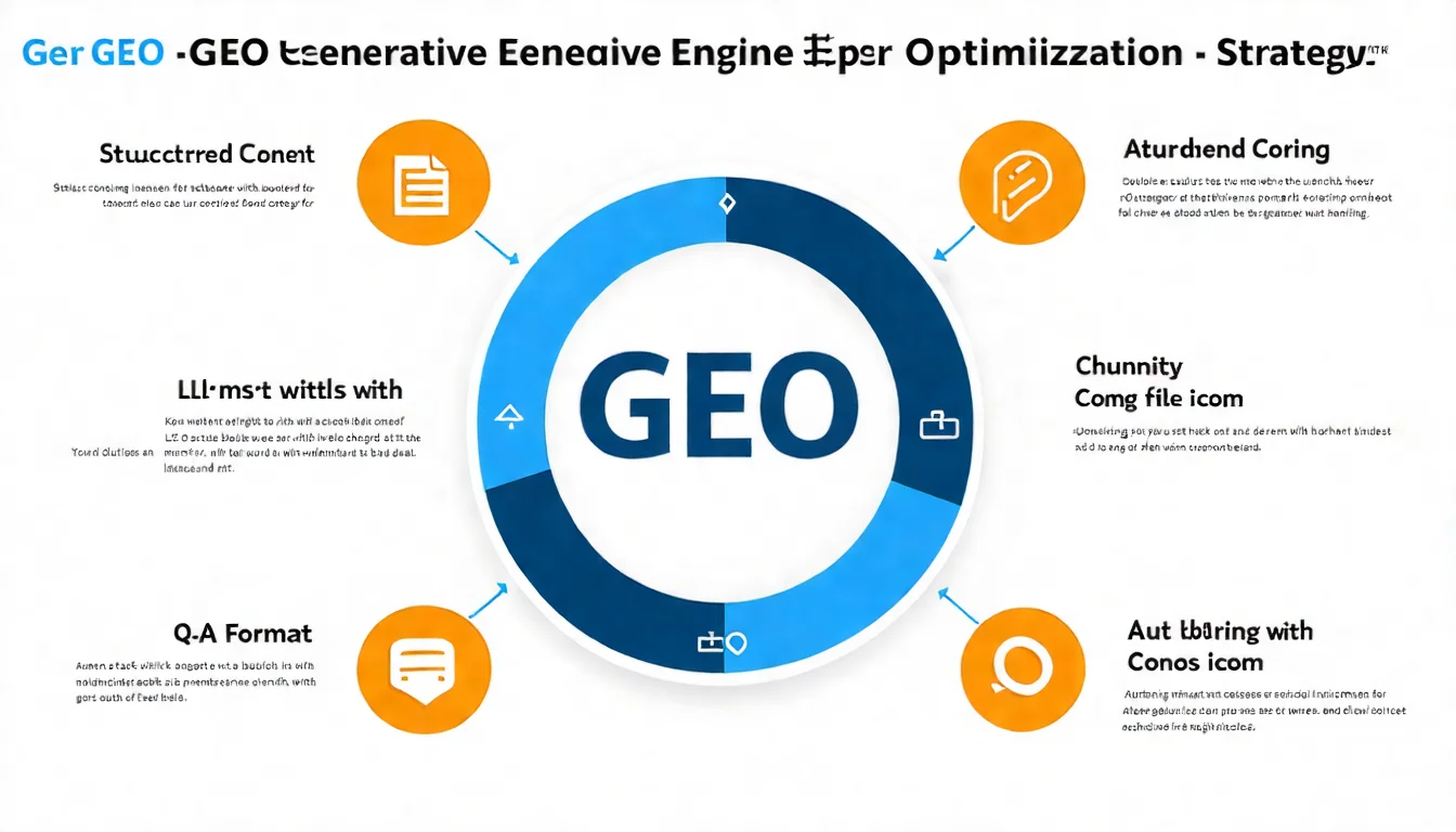 GEO 優化總結資訊圖，中央為「GEO 生成式引擎優化」標題，周圍環繞 5 個策略的圖示和簡短說明：結構化內容（文件圖示）、llms.txt（設定檔圖示）、Chunking（分塊圖示）、權威性（獎章圖示）、問答式（對話框圖示）