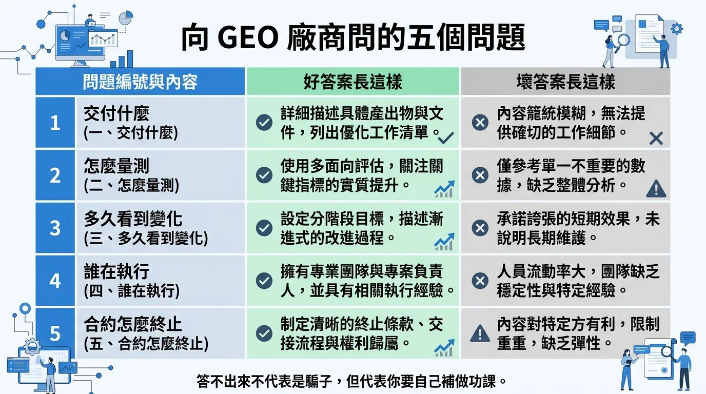 五個報價提問的檢核清單圖。垂直排列五個項目，每項左側是編號圓圈，右側是問題摘要與「好答案 / 壞答案」兩欄對照，好答案用綠色、壞答案用灰色。底部一行小字「答不出來不代表是騙子，但代表你要自己補做功課」