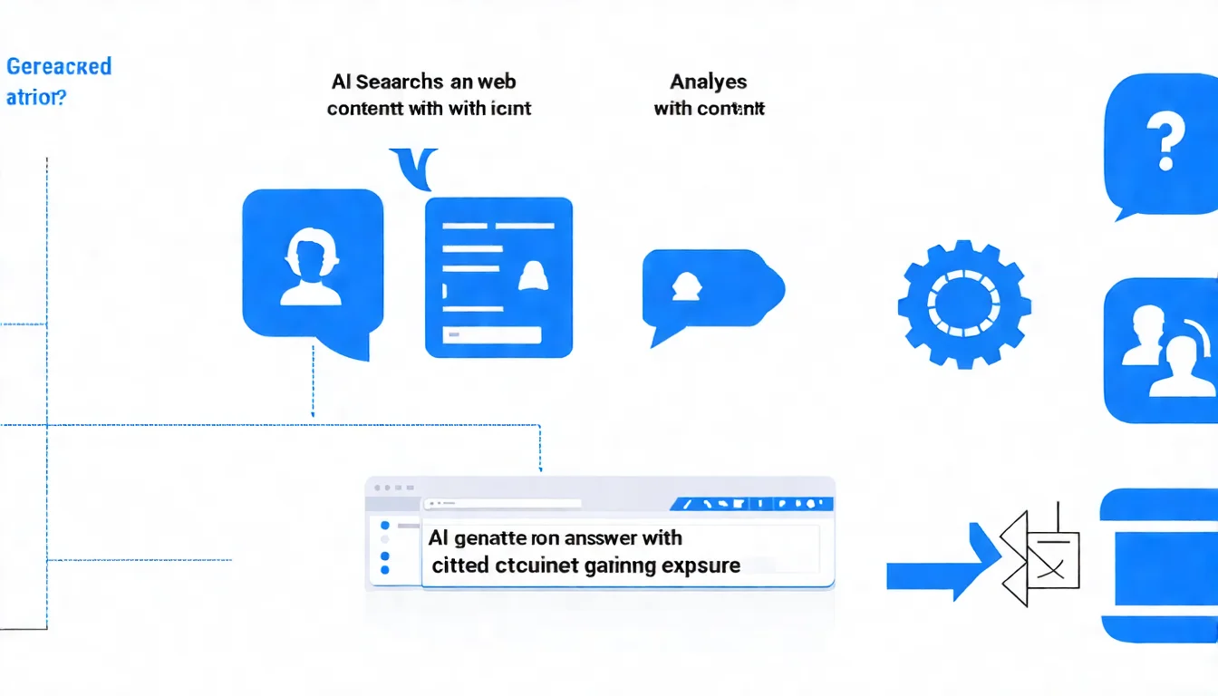 GEO 運作流程圖，從左到右依序顯示：使用者提問（人物對話框圖示）→ AI 搜尋網路（搜尋圖示）→ AI 分析內容（齒輪圖示）→ AI 生成答案並引用來源（文件圖示），最後箭頭指向被引用的網站獲得曝光