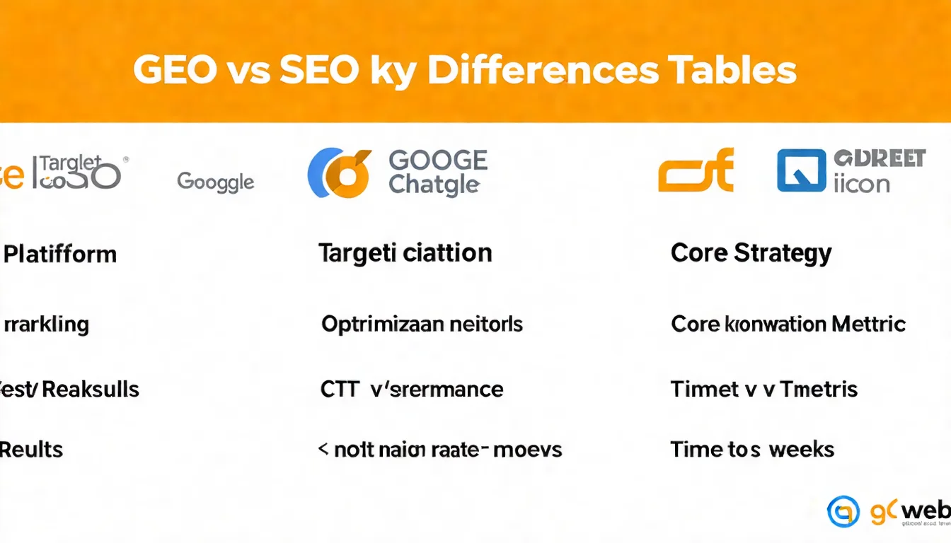 GEO vs SEO 五大差異比較表格視覺化，設計成五行的對比圖表，每行左右分別是 SEO 和 GEO 的對應項目，使用圖示和簡短文字呈現：目標平台（Google 圖示 vs ChatGPT 圖示）、優化目標（排名 vs 引用）、核心策略（關鍵字 vs 語意）、成效指標（CTR vs 引用率）、見效時間（月 vs 週）