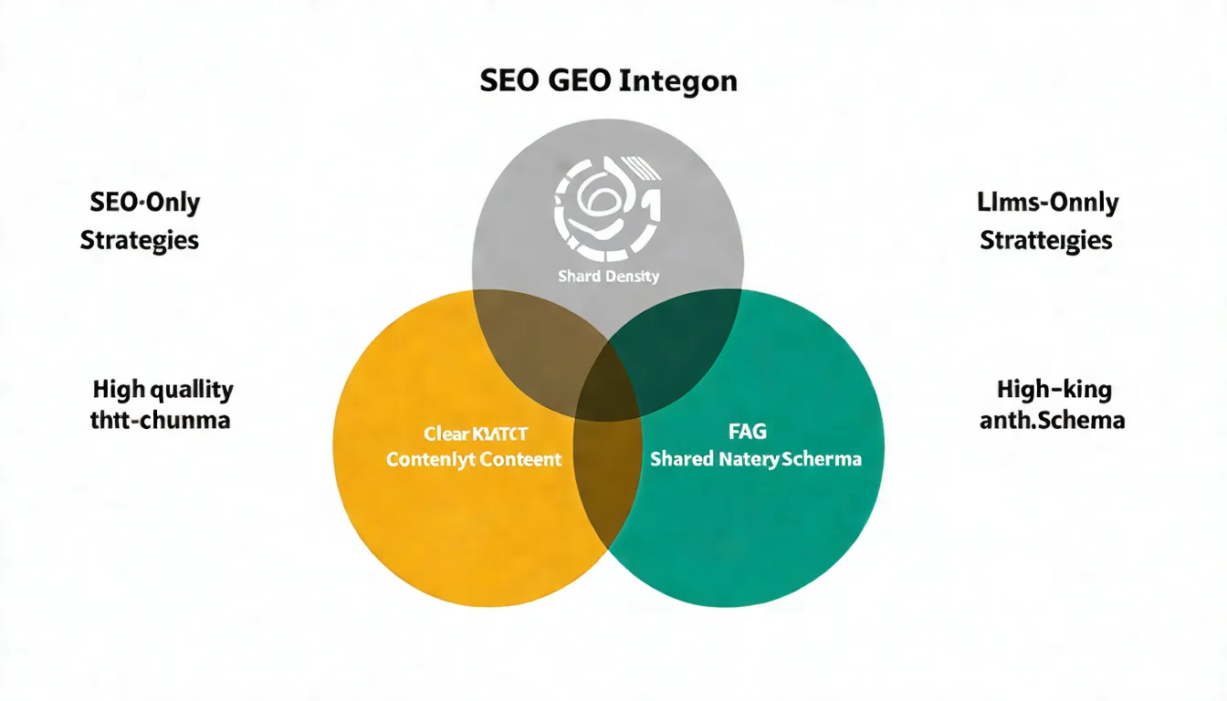 SEO 與 GEO 整合策略示意圖，設計成維恩圖形式，左圈標示「SEO 專屬策略」（反向連結、關鍵字密度等）、右圈標示「GEO 專屬策略」（llms.txt、內容分塊等）、中間重疊區域標示「共同策略」（清晰標題、高品質內容、FAQ、Schema）