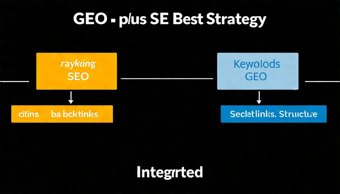 文章總結資訊圖，標題為「GEO + SEO = 最佳策略」，下方以並列方式展示：左邊 SEO 區塊列出核心重點（排名、關鍵字、反向連結），右邊 GEO 區塊列出核心重點（引用、語意、結構），底部用箭頭指向「整合執行」，並列出共同策略