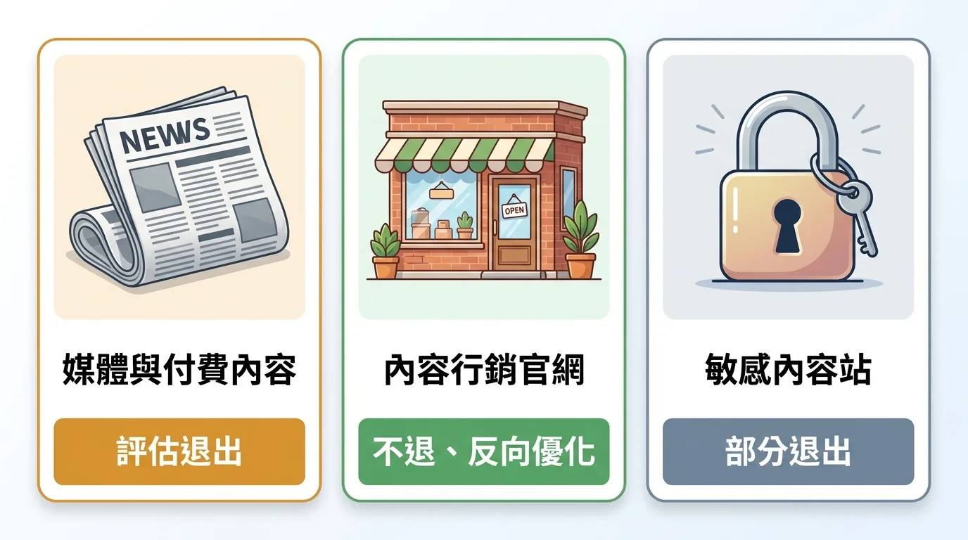 三種網站類型的退出決策對照