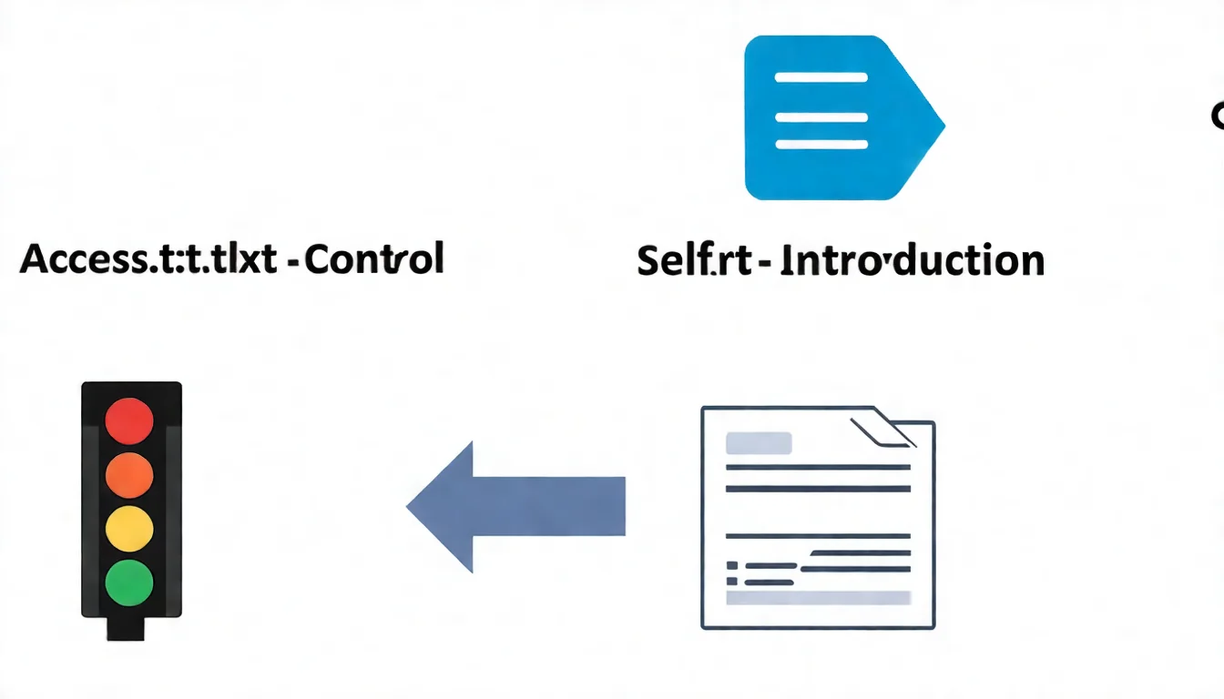 左右並排的對照圖。左邊是 robots.txt 檔案圖示，下方有一個紅綠燈符號代表「訪問控制」。右邊是 llms.txt 檔案圖示，下方有一張名片符號代表「自我介紹」。兩個檔案之間有箭頭指向同一個網站圖示，表示協同運作。