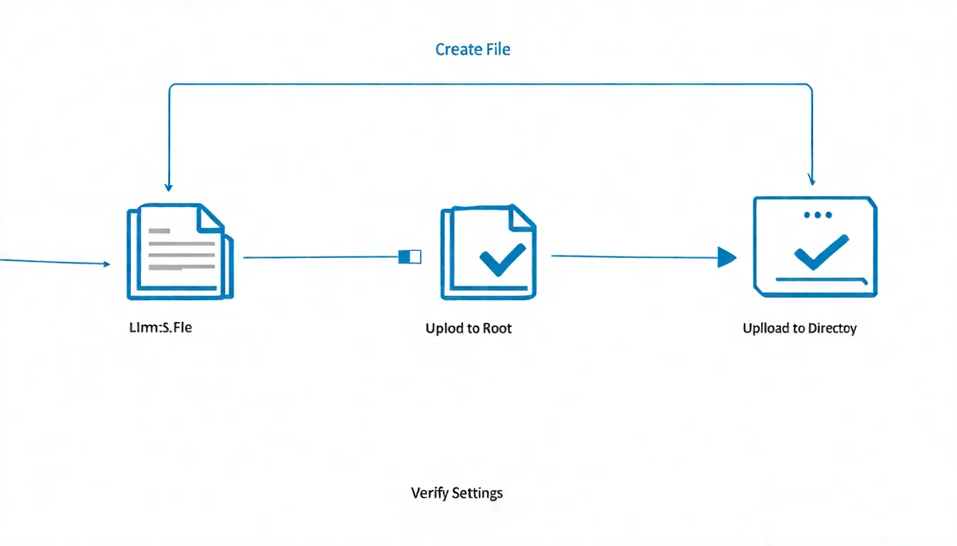 一個三步驟的流程圖。步驟1：筆記本圖示，標示「建立檔案」。步驟2：伺服器圖示，標示「上傳至根目錄」。步驟3：打勾圖示，標示「驗證設定」。三個步驟以箭頭連接，下方有一個 llms.txt 檔案圖示貫穿整個流程。