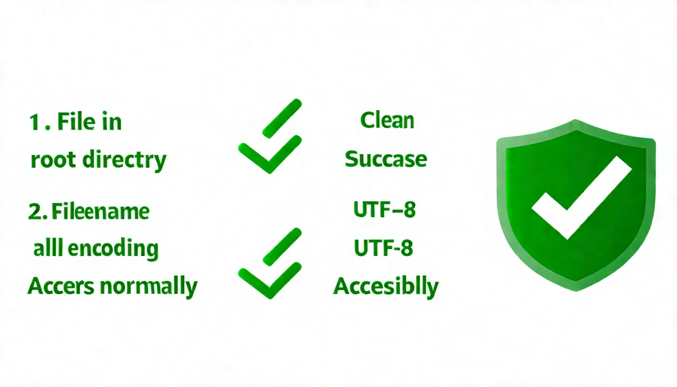 一個檢查清單樣式的圖片。列出四個檢查項目：1. 檔案在根目錄（打勾）2. 檔名全小寫（打勾）3. UTF-8 編碼（打勾）4. 可正常訪問（打勾）。旁邊有一個成功的綠色盾牌圖示。