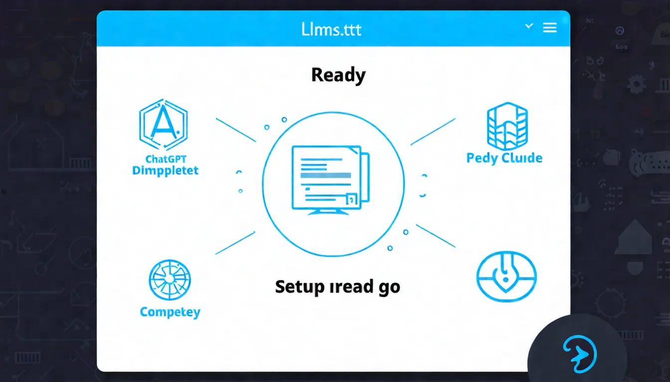 一個完成設定的慶祝畫面。中央是一個 llms.txt 檔案圖示，周圍有三個 AI 工具圖示（ChatGPT、Claude、Perplexity 的簡化 logo）正在讀取這份檔案。上方有一個「Ready!」的標示，傳達設定完成、準備就緒的意象。