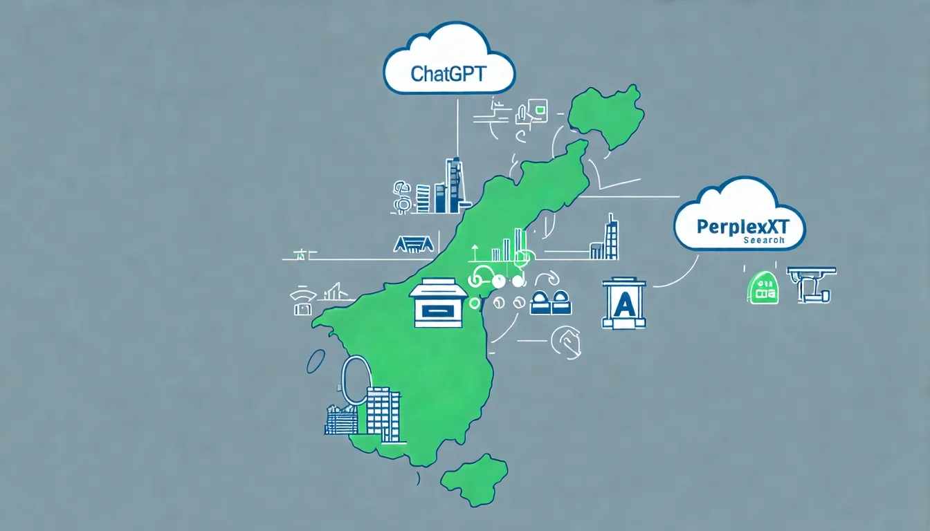 一張台灣島的簡化輪廓圖，上方有多個企業圖示（工廠、商店、辦公室），這些圖示正在發出訊號，連接到上方的 AI 雲端圖示（標示 ChatGPT、Perplexity）。畫面傳達「台灣企業連接 AI 搜尋」的概念。