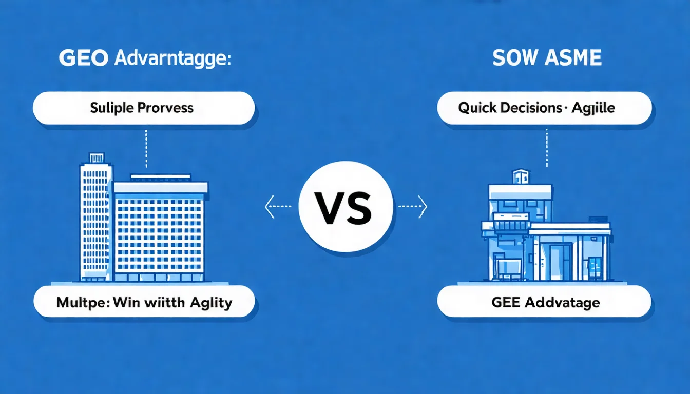 左邊是一個大型企業圖示（高樓大廈），旁邊有「層層審批」「流程漫長」的標籤。右邊是一個中小企業圖示（簡潔辦公室），旁邊有「快速決策」「靈活執行」的標籤。中間有 VS 對比，下方標示「GEO 優勢：靈活取勝」。