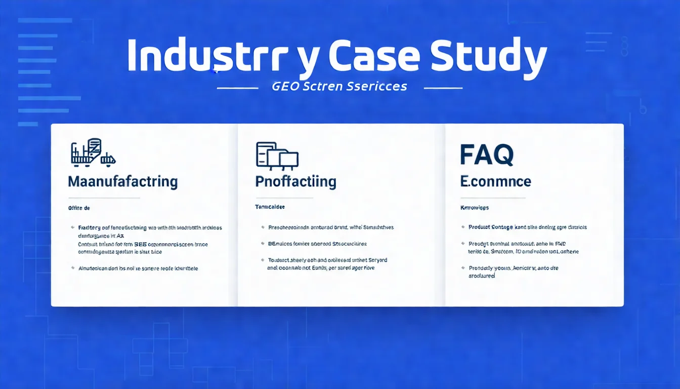 三個產業案例的卡片式呈現。左邊是「B2B 製造業」卡片，有工廠圖示和「技術 FAQ」標籤。中間是「專業服務業」卡片，有辦公室圖示和「知識內容」標籤。右邊是「電商」卡片，有購物車圖示和「產品結構化」標籤。三張卡片上方有共同的「GEO 成功」標示。