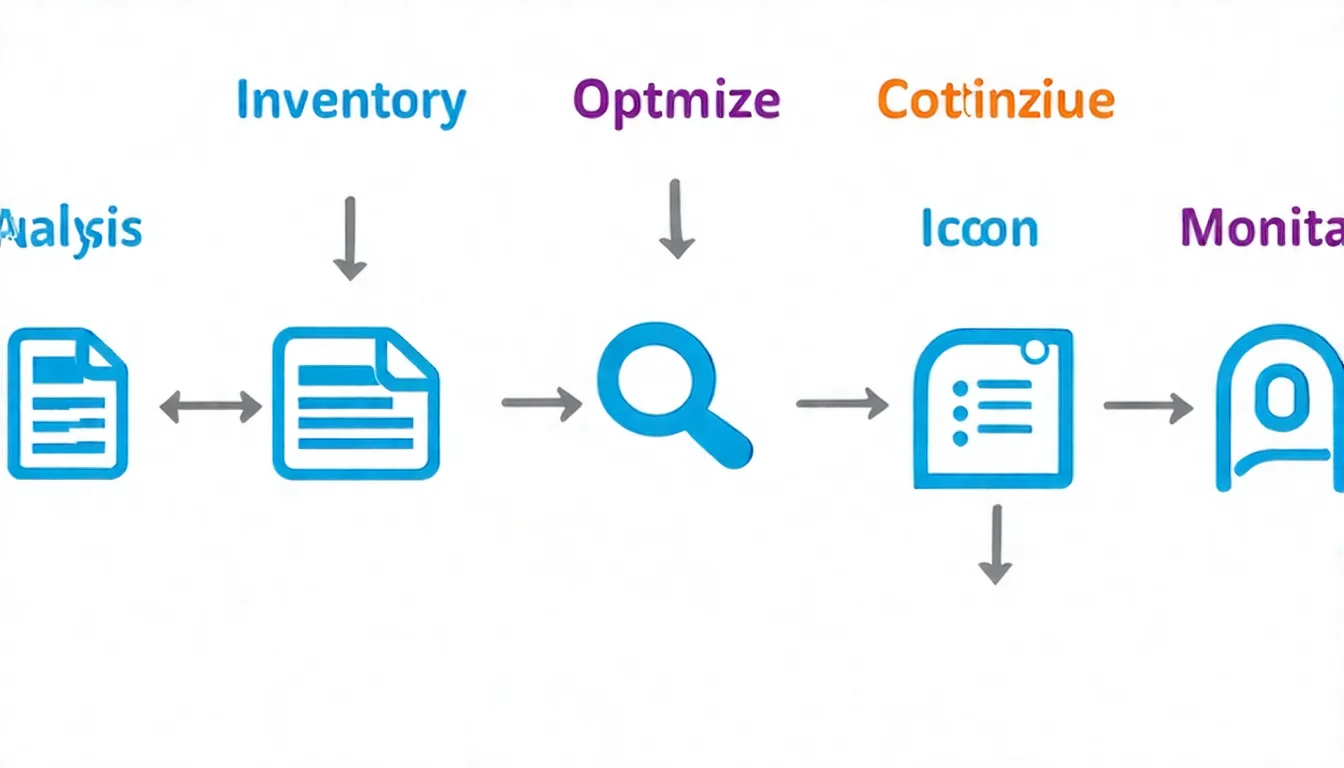一個 5 步驟流程圖，橫向排列。從左到右：1. 盤點圖示（文件符號）2. 分析圖示（放大鏡）3. 優化圖示（編輯符號）4. 設定圖示（齒輪）5. 監測圖示（圖表）。每個步驟之間用箭頭連接，最後有一個「持續循環」的箭頭回到步驟 3。