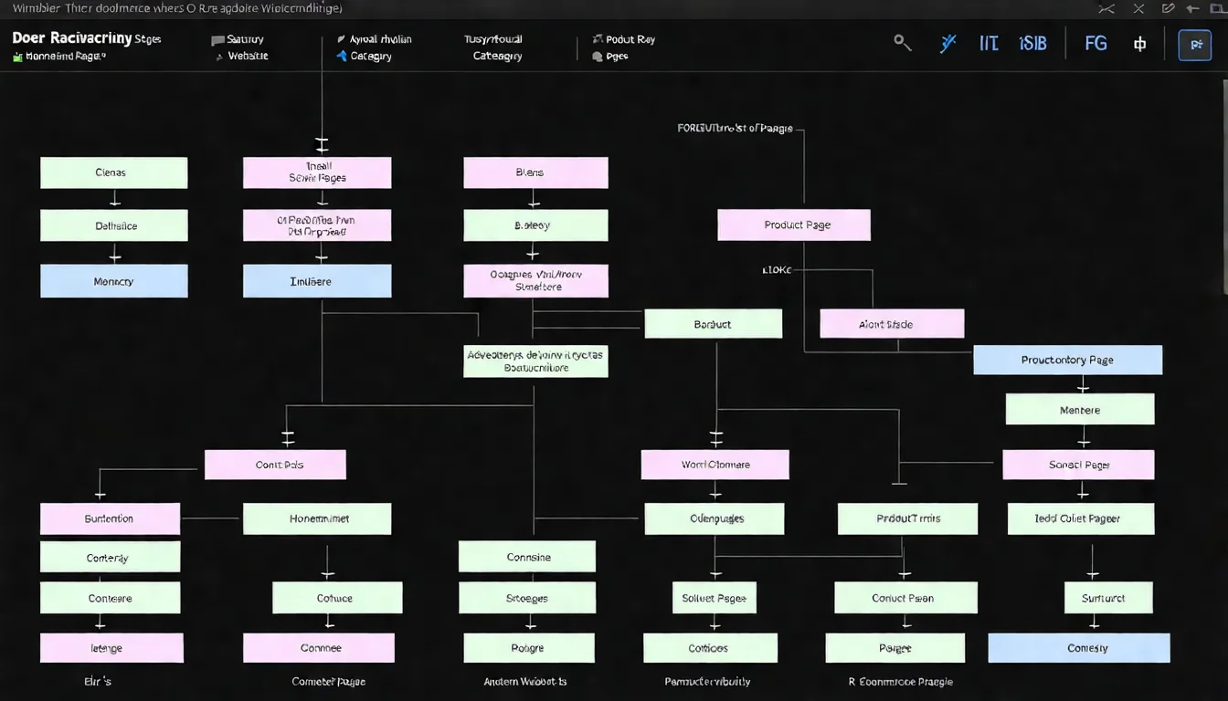 電商 SEO 策略概念圖，展示網路商店的搜尋優化全貌，包含產品頁面、分類頁面、內容行銷等核心元素