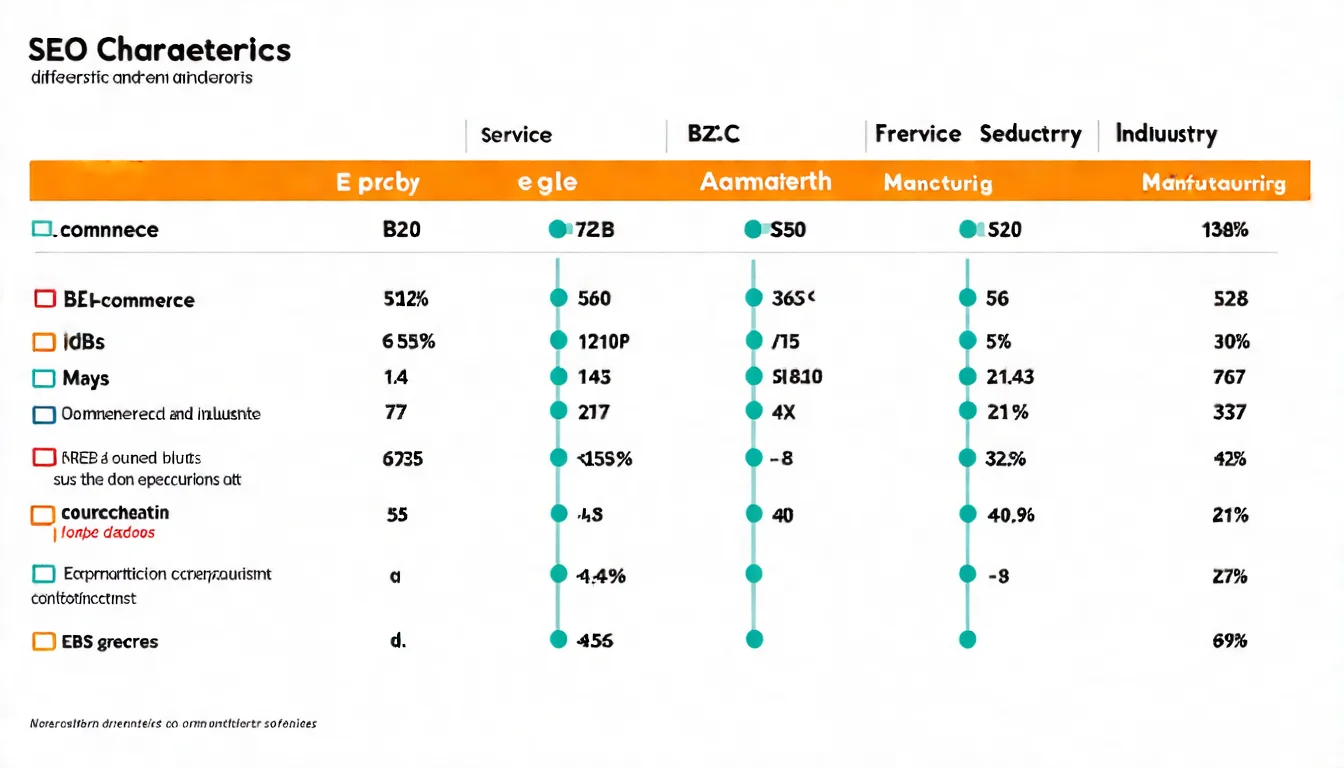 不同產業 SEO 策略比較圖，展示 B2B、B2C、電商、服務業、製造業等產業的 SEO 策略差異
